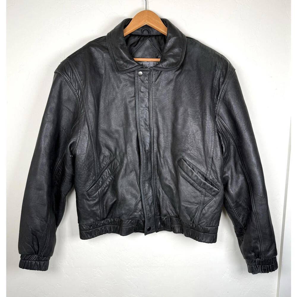 Vintage Black Leather Bomber Jacket L 90s Classic Lord & Taylor Men’s Timeless